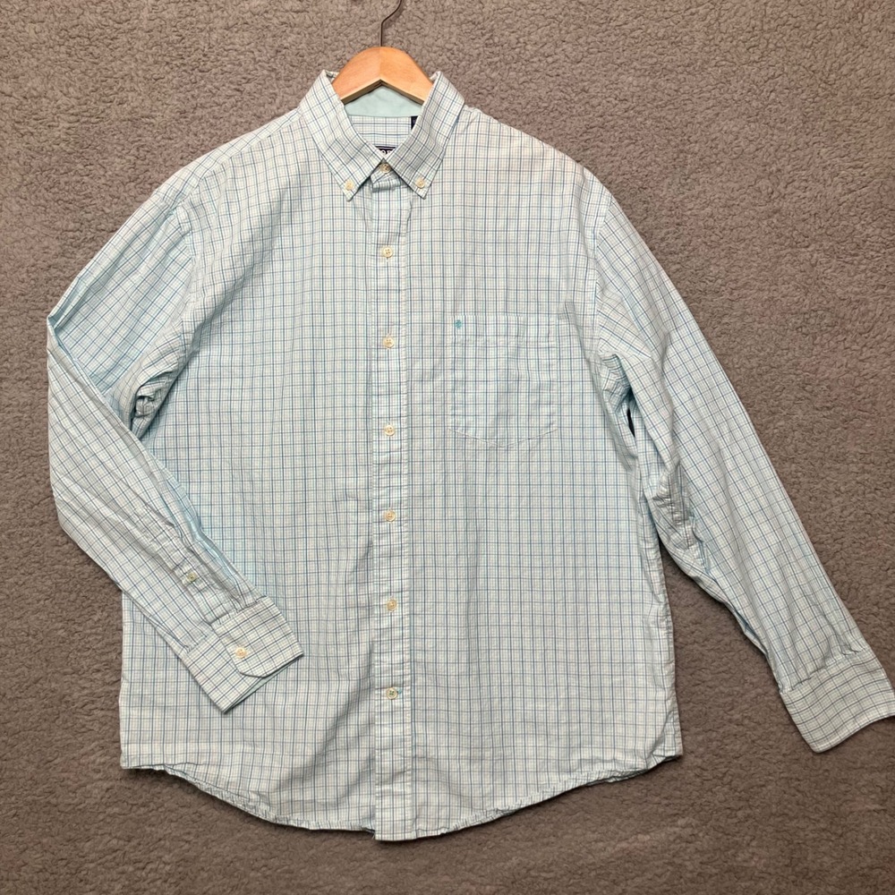 IZOD Button Down Shirt Men L Blue Green Plaid Long Sleeve Preppy Office Spring